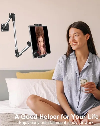 Vista 2 de Soporte de pared de aluminio para tableta, soporte plegable de 35 pulgadas para pared, clip de cámara web ajustable de 360°, para iPad Pro Air Mini