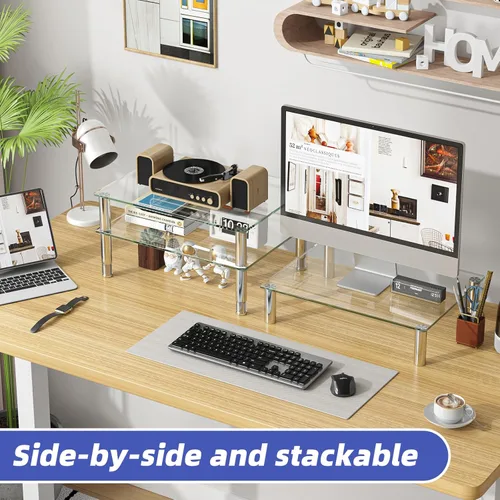 Vista 2 de Simple Trending - Paquete de 2 elevadores para monitores de computadora con altura ajustable, vidrio templado, soporte de escritorio multifuncional
