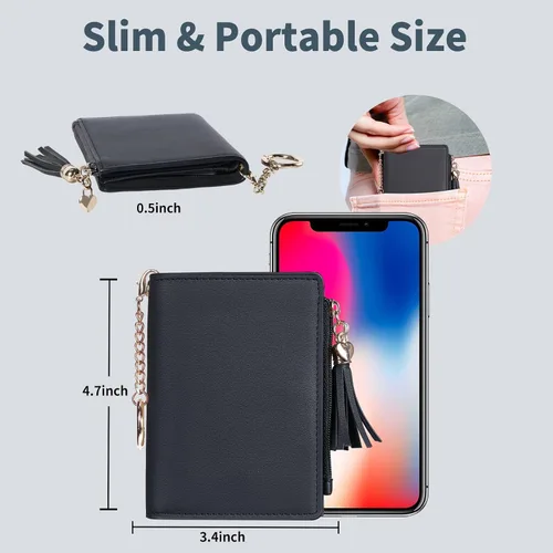 Vista 4 de Gostwo Billeteras pequeñas para mujer, elegante cartera para mujer con ventana de identificación, bolsillo con cremallera para monedas y borla.