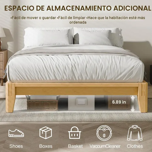 Vista 9 de Marco de cama de bambú macizo Queen, marco de cama de plataforma de carpintería japonesa (natural)