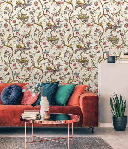Vista 2 de Papel pintado autoadhesivo Scalamandre x Scalamandre multicolor blanco Chinoise Exotique, SCS3843, de NuWallpaper