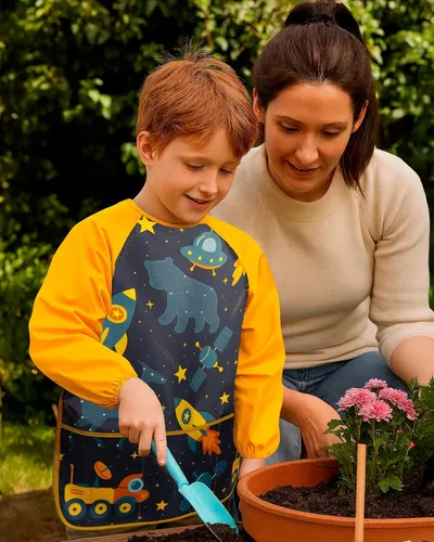 Vista 8 de Oiomniv Delantal de Arte para Niños – Delantal de Pintura de Manga Larga Impermeable con 3 Bolsillos, Delantal Lavable para Niños Pequeños y Niños