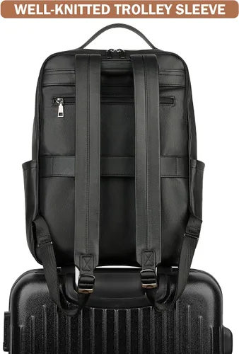 Vista 7 de MASINTOR Mochila Bolso de Cuero PU de 15.6 pulgadas para Portátil para Mujeres, Mochila Casual Grande para Universidad, Bolsa de Viaje, Negro