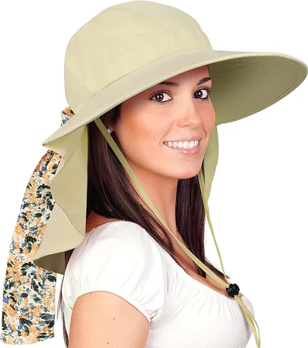 Vista 16 de Solaris UPF 50+ Gorro de ala ancha para mujer - Tamaño pequeño, ligero y plegable, gorro floral refrescante con solapa para el cuello
