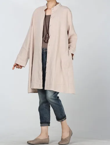 Vista 2 de Mordenmiss campera abotonada de algodón y lino con bolsillos para mujer