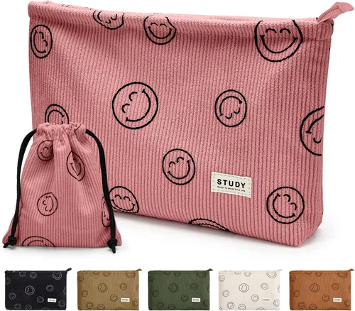 Vista 16 de WLLWOO - 2 bolsas de maquillaje de pana con cara sonriente, bolsa de cosméticos con cremallera interior impermeable, estuche para lápices, monedero