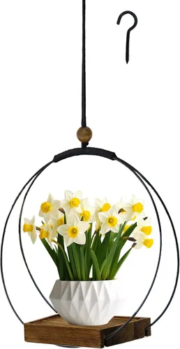Vista 7 de Maceta colgante para plantas de interior, colgador de plantas negro para interiores con base de madera resistente, colgador de plantas de macramé
