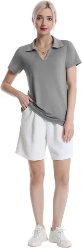 Vista 5 de Camisas polo con cuello en V para mujer, manga corta, cuello de golf Negro/Blanco/Gris