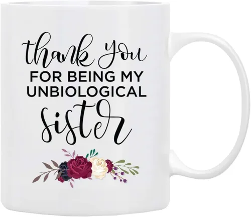 Vista 8 de BLUE RIBBON Taza del Día de las Hermanas, con texto en inglés "Thank You FOR BEING MY UNBIOLOGICAL Sister", divertida taza de café en caja de regalo