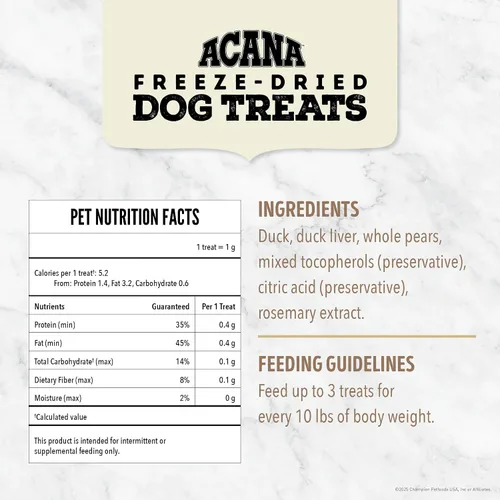 Vista 6 de ACANA Singles - Golosinas para perros sin granos, ingredientes limitados y liofilizadas con pato y pera, bolsa de 3.25oz
