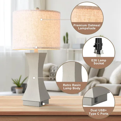 Vista 4 de Juego de 2 lámparas de mesa modernas de 62,2 cm, lámparas de mesita de noche regulables de 3 vías con carga USB C y A, lámparas de noche