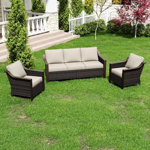 Vista 7 de Juego de muebles de conversación de patio al aire libre de 3 piezas, sofá de 3 asientos de 75 pulgadas, 2 sillas de mimbre, sofá de mimbre de metal