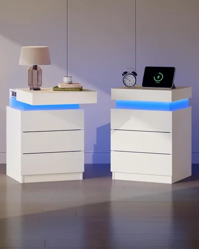 Vista 10 de WLIVE Mesita de noche con estación de carga y luces LED, moderna mesita de noche con 3 cajones y parte superior deslizante, mesa auxiliar con Negro