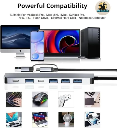 Vista 8 de MERAXES Hub USB-C y USB 7 en 1, adaptador multipuerto de aluminio con puertos USB-C, USB 3.0 y USB 2.0, estación de acoplamiento múltiple USB