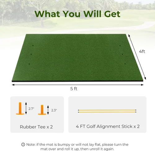 Vista 7 de Tangkula Tapete de golf para golpe, tapete de césped artificial para práctica de golf interior/exterior, incluye 2 camisetas de goma y 2 palos
