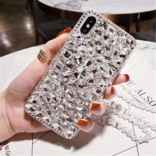 Vista 8 de Funda con función atril de diamantes para Google Pixel 2XL, hecha a mano en 3D con piedras brillantes y correa de cristal, para Google Pixel 2XL