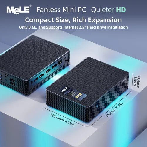 Vista 8 de MeLE QuieterHD3 N150 Mini PC sin ventilador 8 GB RAM DDR4 256 GB de grado