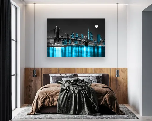 Vista 7 de Aibonnly Arte de Pared Pintura en Lienzo Negro, Blanco y Azul Puente de Brooklyn de Nueva York 1 Pieza Paisaje Urbano Nocturno Edificio Imagen