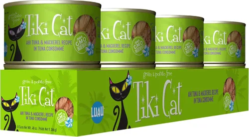 Vista 2 de Tiki Cat Luau - Comida húmeda sin granos, baja en carbohidratos, con aves de corral o peces en consomé para gatos adultos y gatitos.