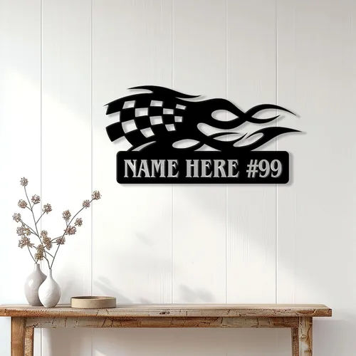 Vista 3 de Letrero de metal personalizado de carreras – Muro personalizado con nombre de coche de carreras, valla, garaje, patio, hogar, cueva de hombre