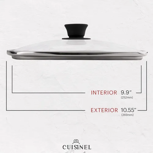 Vista 4 de Cuisinel - Sartén de hierro fundido cuadrada para parrilla + tapa de vidrio + raspador de sartén + cubierta de mango - Sartén con nervaduras