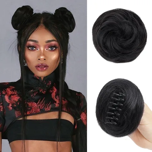 Vista 7 de 2 piezas de cabello de moño espacial para mujer, extensiones de moño Mezcla negra caoba claro