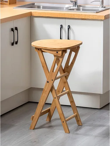 Vista 2 de Taburete de bar plegable de bambú, taburete plegable portátil, taburete de altura de mostrador de cocina, silla de bar plegable con reposapiés