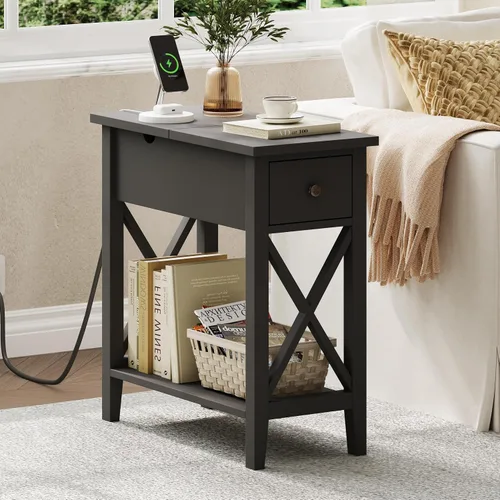 Vista 3 de ChooChoo Mesa auxiliar, mesa auxiliar estrecha abatible con estación de carga Narrow Side Table with USB Ports and Outlets, Nightstand with