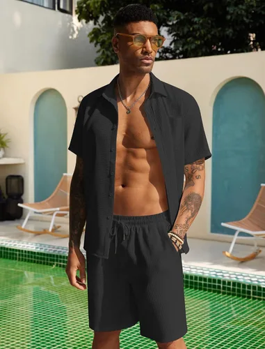 Vista 2 de COOFANDY Conjunto corto de 2 piezas para hombre, camisa de manga corta con botones y pantalones cortos