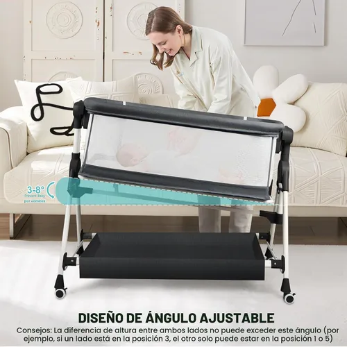 Vista 7 de VOOI Moisés para bebé, cuna mecedora 3 en 1 para bebé, moisés con ruedas, altura ajustable, cesta de almacenamiento, colchón y toldo, moisés lateral