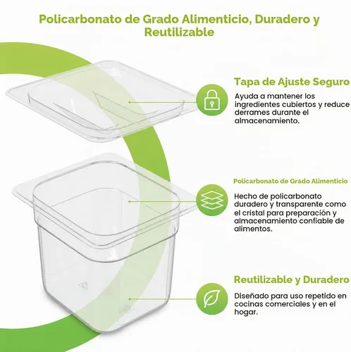 Vista 3 de Paquete de 12 sartenes de policarbonato NSF con tapas, tamaño 1/6 12 PIEZAS