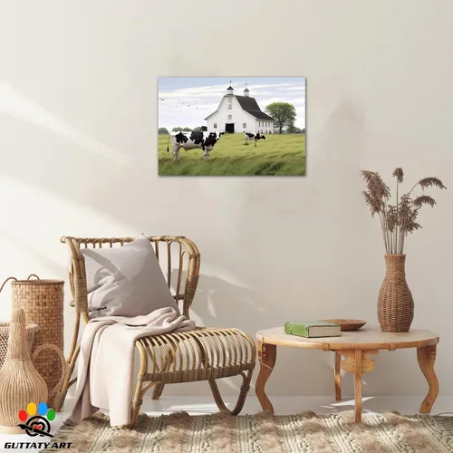 Vista 3 de Arte de pared con estampado de granero blanco de granja, granero y vaca, arte de pared con imágenes de granero blanco, cuadros rústicos de campo