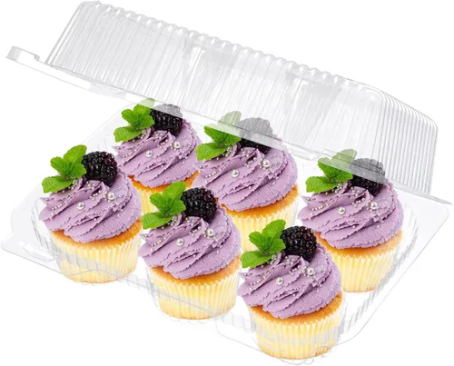 Vista 3 de Cajas de plástico para cupcakes 6 compartimentos – Paquete de 42 Soporte desechable de docena de magdalenas con tapa a granel Cajas apilables