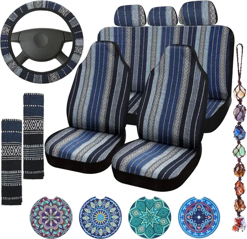 Vista 11 de Frienda - Juego completo de fundas para asientos de coche estilo Baja, manta de sillín multicolor con diseño bohemo a rayas, funda para volante