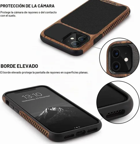 Vista 4 de TENDLIN Compatible con iPhone 11 Funda de grano de madera con textura de fibra de carbono, diseño híbrido de cuero, color negro