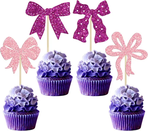 Vista 22 de Ephlyn 24 adornos para cupcakes con lazo para decoración de pastel de cumpleaños, decoración de fiesta de cumpleaños para niñas, decoración de Negro