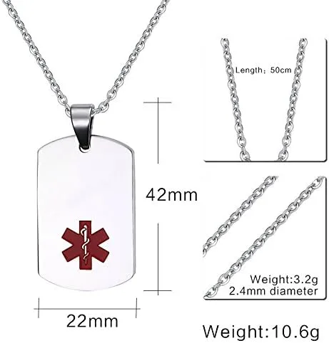 Vista 2 de MZC Jewelry Collar de alerta médica para hombres y mujeres de acero inoxidable con colgante de etiqueta de identificación médica