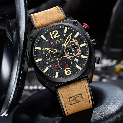 Vista 3 de KAIGOPAW Reloj de cuero para hombre, cuadrado, multifunción, cronógrafo, cuarzo, impermeable, a la moda