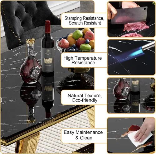 Vista 5 de Mesa de comedor de mármol negro para 4, 6, 70 pulgadas, moderna mesa de comedor de cocina dorada con base de acero inoxidable con diseño