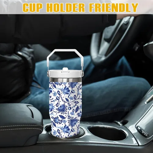 Vista 4 de Taza de 30 onzas con diseño floral – Taza de viaje aislada de acero inoxidable azul y blanca – Elegante taza de café con asa y tapa – Regalo