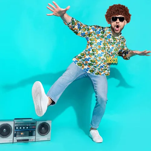 Vista 5 de DreamJ Disfraz de discoteca de los años 70 para hombre, trajes de camisa floral de los años 60, disfraces hippie de los años 70, conjunto