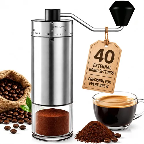 Vista 9 de Molinillo de café manual, rebabas de acero inoxidable, ajustes de molienda ajustables, manivela portátil para expreso, goteo, prensa francesa