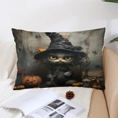 Vista 4 de Funda de almohada con sombrero de bruja con diseño de gato de 20 x 30 pulgadas, diseño de impresión de doble cara con cremallera invisible, Patrón 8
