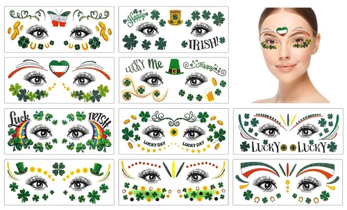 Vista 3 de HOWAF 10 hojas de calcomanías para tatuajes faciales del día de San Patricio, trébol de trébol, calcomanías de maquillaje facial, tatuajes de ojos