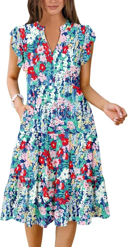 Vista 23 de ANRABESS Vestido de verano para mujer, manga con volantes, cuello en V, vestido midi a la moda, casual, holgado, escalonado, bohemio, playa