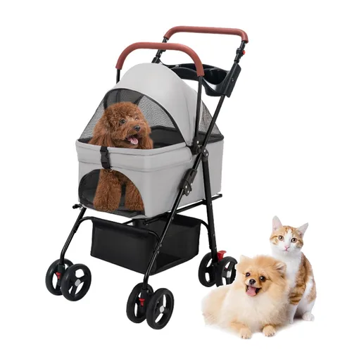 Vista 3 de Cochecito para mascotas para perros medianos y pequeños – Cochecito plegable de 4 ruedas con cesta de almacenamiento, transportador para perros