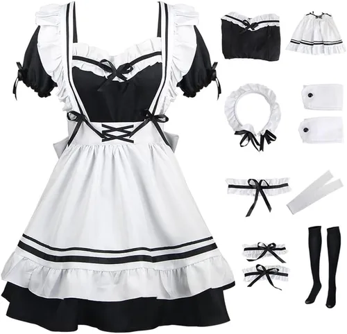 Vista 3 de Conjunto completo de traje de cosplay de sirvienta negra y blanca para mujer