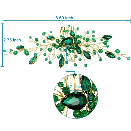 Vista 4 de Peine de pelo de novia de cristal verde dorado para novia, accesorios para mujeres y niñas, fotografía de fiesta (verde)