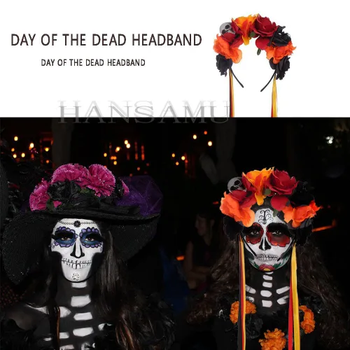 Vista 3 de Diadema floral del Día de los Muertos con calavera mexicana, corona de rosas para mujeres y niñas, disfraz de Halloween (naranja, negro y rojo)