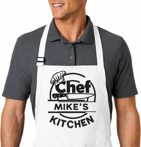 Vista 13 de Delantal bordado personalizado con nombre personalizado. Delantal de calidad profesional para hombres y mujeres. Diseño de cocina